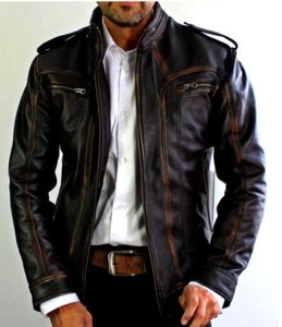 Mens Biker Motorcycle Vintage Cafe Racer Distressed Black Real Leather Jacket - Picture 1 of 3