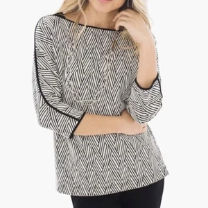Chicos Diamond Jacquard Tipped Top Size 0/Small Black Cream 3/4 Sleeve $79 - Picture 1 of 11