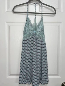 Victoria’s Secret Small Knit Lace Nightie Babydoll Gown Sleepwear Blue Geometric - Picture 1 of 6