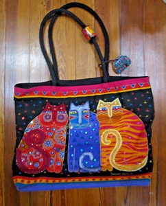 Laurel Burch FELINE FRIENDS 3 Katzen große BEUTELTASCHE Tasche LB771 Pailletten Krawatte Ornament Bea - Bild 1 von 12