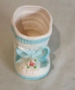 Vintage Baby Shoe Bootie Ribbon Blue White Ceramic Planter Japan 7224 EUC - Picture 1 of 10