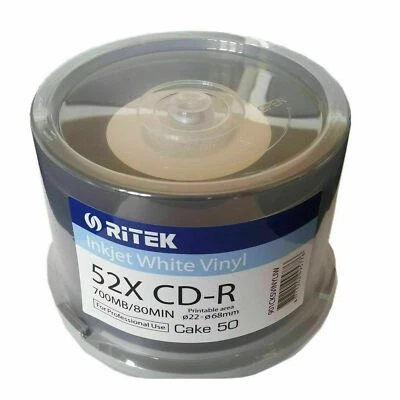 50 Ritek White Inkjet Printable Bottom Vinyl CD-R 52x 700MB Blank CD Discs  - Image 1 of 3