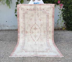 Vintage Teppich 4x6, Handarbeit Beige Rosa Teppich, Teppiche für Wohnzimmer, Wollteppiche - Bild 1 von 10