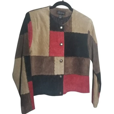 Chaqueta De Colección Para Mujer Cuero Patchwork Y2K Artística Marrón Rojo Negra Talla M Foto 1 de 4