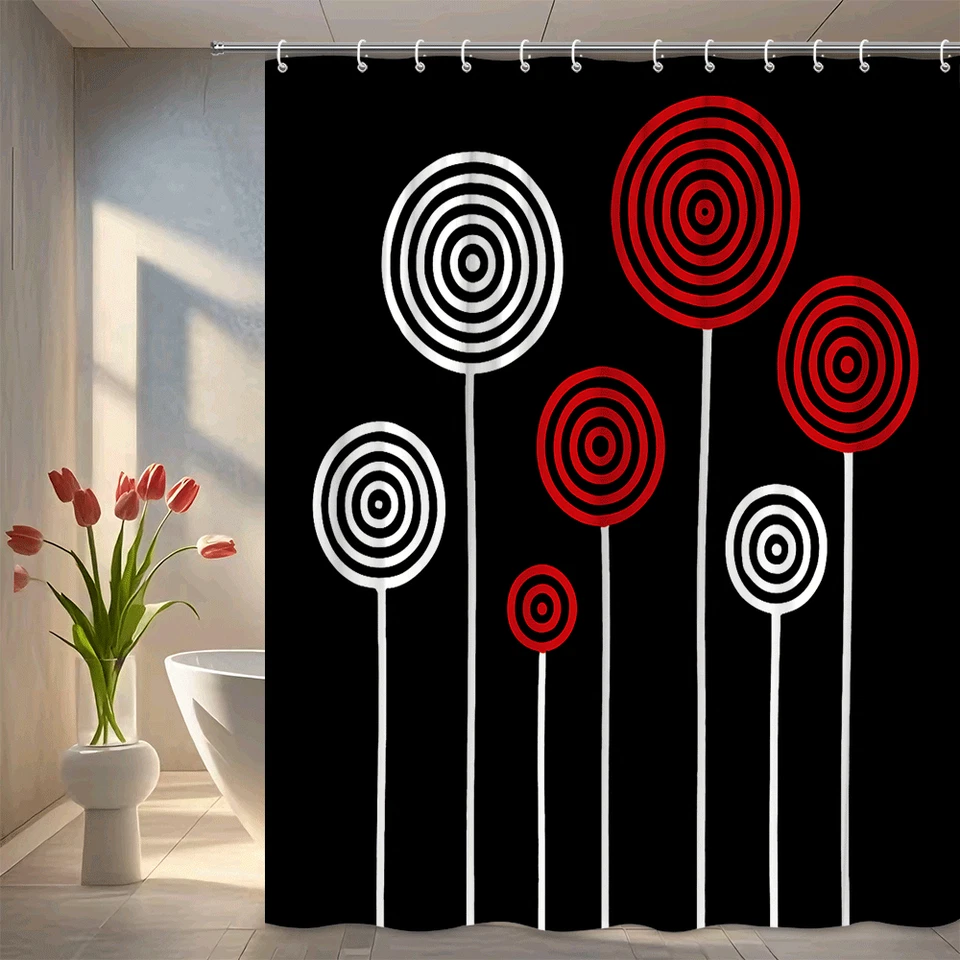 Modern Black and White Shower Curtain with Red Circles Design - Image 1 of 4