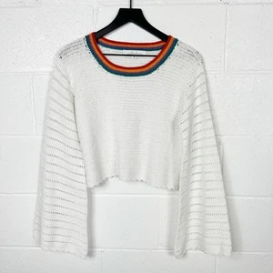 Callahan Crocheted Sweater Size XS White Rainbow Trim Cropped Bell Sleeve - Picture 1 of 10