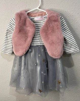 Vestido Popatu Meninas 18Mo Folha Cinza Manga Longa Tule Estrelado e Conjunto de Colete de Pele Sintética - Imagem 1 de 4