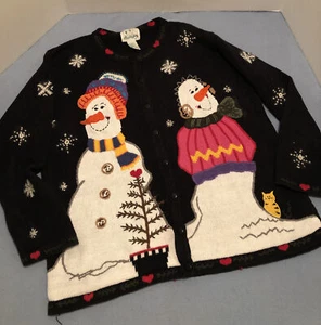 Quaker Factory Size Large Women's Sweater Snowman Winter Hearts Theme - Picture 1 of 11