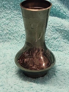 Antique Small Miniature VICTORIAN Brass/Copper Bud Vase Engraved ROSE Flower - Picture 1 of 9