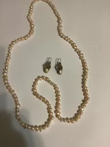 Freshwater Cultured Pearl Continuous Necklace 18 in & Vtg Drop Pearl Earrings - Picture 1 of 4