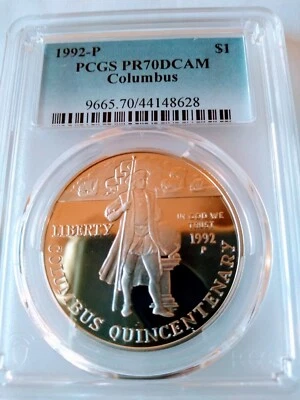 1992-P $1 Columbus Silver Commemorative PCGS PR70DCAM population (132)😎 - Image 1 of 4