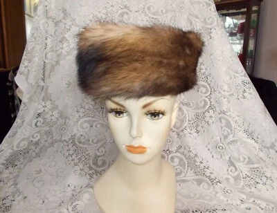 Vintage Dark Brown & Cream Colored Sable Fur W/ Brown Leather Pillbox Hat 22" - Image 1 of 4