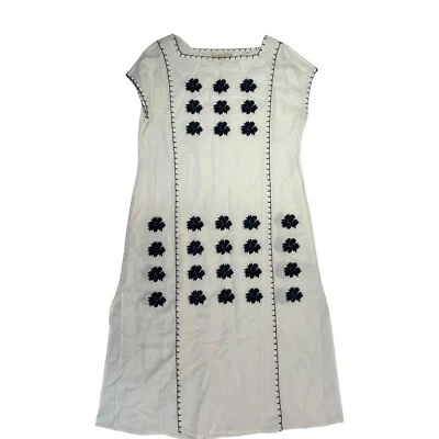 Платье миди женское Tory Burch с цветочной вышивкой XS кремовое темно-синее льняное вискоза - Изображение 1 из 4