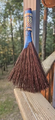 Brown Hand Broom Blue Twine, Plaited Leather Handle, Turkey Wing Whisk - Image 1 of 4