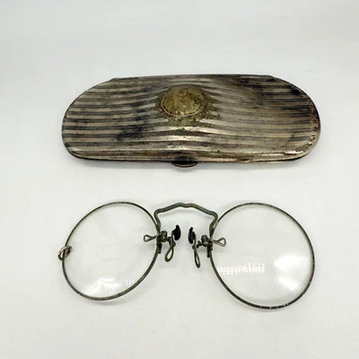 Vintage Pince Nez Eyeglasses Pinch Nose Original German Silver Case Untested - Image 1 of 4