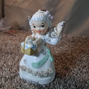 Statuina porcellana angelo agosto compleanno Napco A1368 spaghetti e bordo oro vintage - Foto 1 di 10
