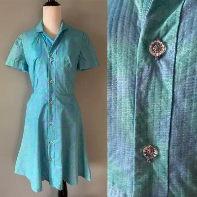 Vestido de día vintage años 50 azul verde acuarela con botones de cristal pequeño con bolsillos Foto 1 de 4