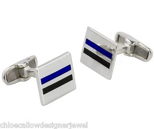 Sterling Silver Cufflinks Square With Blue + Black Enamel Stripe Cuff Link - Picture 1 of 1