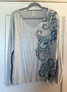 Chicos Top Size 3 EUC Women's Embroidered Long Sleeve Rayon/Spandex - Picture 1 of 5