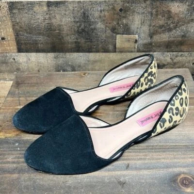 Betsey Johnson Cocoh Mujer Talla 9.5 Tela D'Orsay Planos Negro Gamuza Leopardo Foto 1 de 4