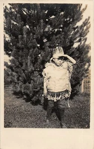 G64/ Native American Indian Child Costume RPPC c1910 Postcard Headdress 2 - Picture 1 of 4