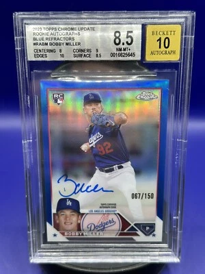BGS 8.5 2023 Topps Chrome Bobby Miller Blue Refractor Rookie Auto RC/150 Dodgers - Image 1 of 2