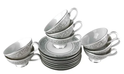 Imperial China Whitney Dalton 8 Cups & Saucers Silver Gray Black White Elegant - image 1 of 4