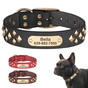 Soft Leather Personalized Dog Collar Rivet Studded Pet Name ID Tag Engraved S-L - Picture 1 of 21