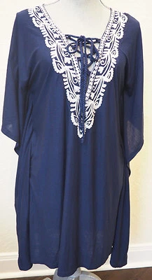 Nuevo LETARTE Azul Marino Bordado Túnica Con Cordones Poncho Traje de Baño Cubrir - XS Foto 1 de 4