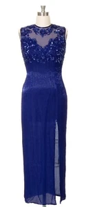 Vintage Scala 80er blau Seide Pailletten Perlen Maxikleid hoher Schlitz Kleid Neu mit Etikett - Bild 1 von 23