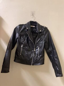 H&M Kids Sz16 US Black Faux Leather Moto Biker Jacket Full-Zip Lined Fits XS/S - Picture 1 of 16