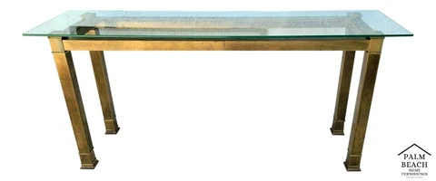 Large Vintage Mid Century Modern Brass & Tempered Glass Console Table 66" Cover