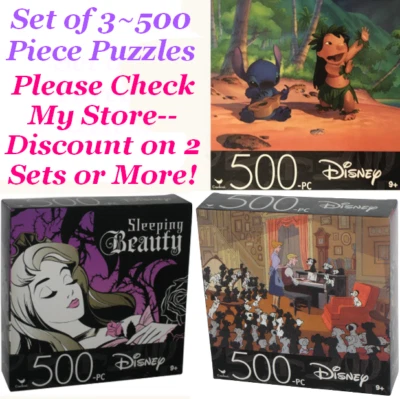 JUEGO DE 3 puzzles de 500 piezas Stitch Sleeping Beauty 101 Dalmations Foto 1 de 4