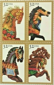 CAROUSEL HORSES - BLOCK OF FOUR 32 cent COMMEMORATIVE STAMPS  -1995 USPS  MNH - Picture 1 of 6
