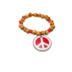 Wood Beaded Bracelet with Dangling Peace Sign Charm - Picture 1 of 3