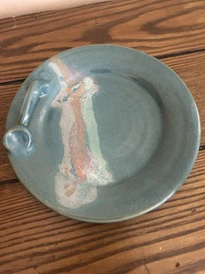 VTG Studio Art Pottery Plate Blue wave Pink Thumb Handle 7.5” - Picture 1 of 9