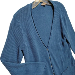 J Jill Women's Cardigan Sweater Teal Blue 100% Cotton Knit Pockets Large L - Picture 1 of 12