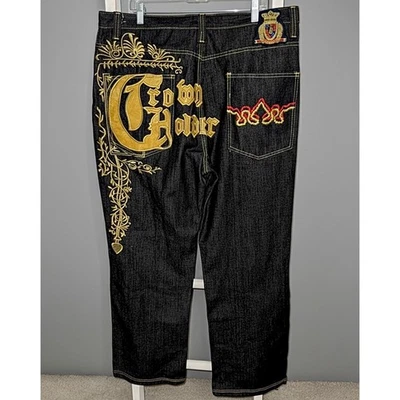 Very Rare VTG Crown Holder Royalty Series Dark Denim Jeans Men SZ 38 Gold scroll - Image 1 of 4
