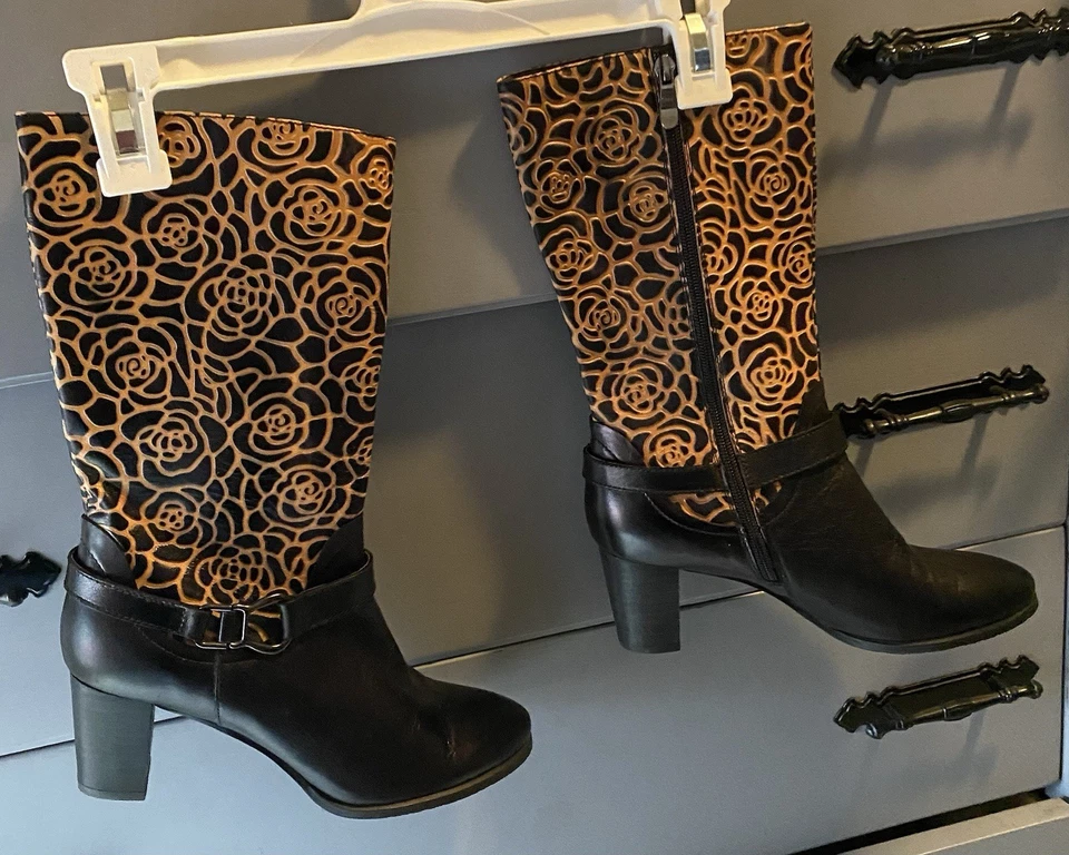 L’ARTISE Spring Step “BOHO” Knee Boots NEW Women Size 38 Floral Leather Blk Tan - Image 1 of 4