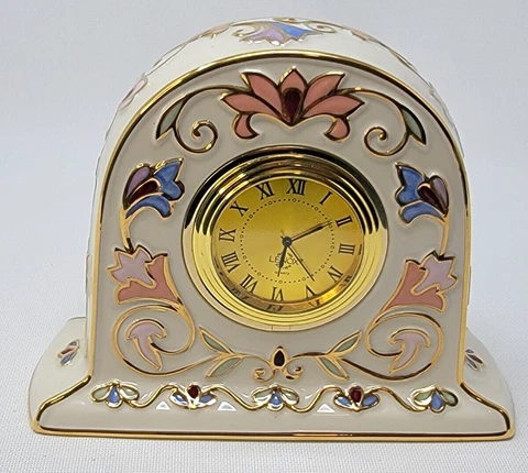 Lenox Gilded Garden 24K Gold Plated Porcelain Desk Table Mantel Clock 5" Tall Cover