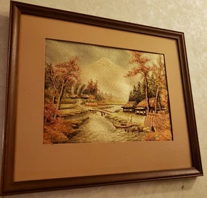 M.C.M. MOUNT FUJI ~ CANAL~SILK EMBROIDERED ART ~ GOLD THREAD 16"X14" FRAMED - Picture 1 of 21