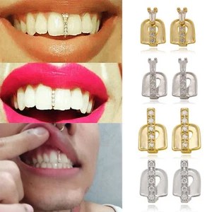 2pcs Tooth Grills Cap Diamond Gold Hip Hop Braces Cosplay Jewelry Teeth Decor - Picture 1 of 15