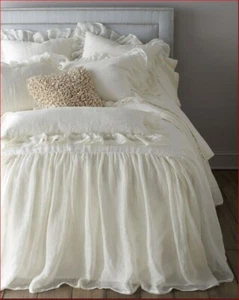 2 pc Pine Cone Hill TWIN Bedspread &Euro Sham Savannah Linen Gauze Ivory New - Picture 1 of 12