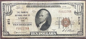 1929 $10 THE FARMERS NATIONAL BANK OF SALEM OHIO OH - CHART 973 - Picture 1 of 6
