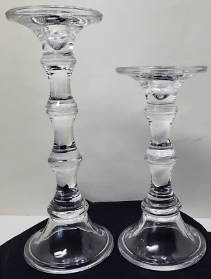 Pair Crystal Clear Glass Spindle Candle Holders Pillar or Taper Candles 12" & 9" - Image 1 of 4