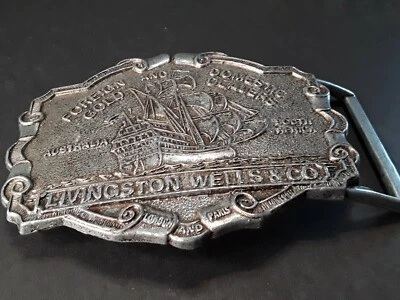 Vintage Livingston Wells & Co. Gold Dealers Western Cowboy Pewter Buckle 3 1/2". - Image 1 of 4