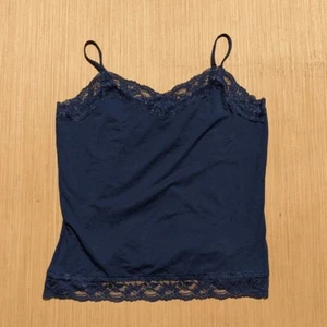 Van Heusen Navy Blue Lace Trim Fitted Stretch Tank Top Women's Large - Picture 1 of 5