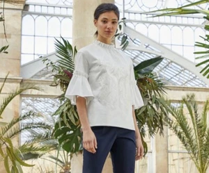 Top blusa Ted Baker maniche volant girocollo ricamato glarina bianco taglia 1 - Foto 1 di 14