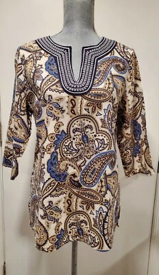 David Brooks Size L Large Paisley Linen Blend Tunic Top Blouse Brown - Image 1 of 4