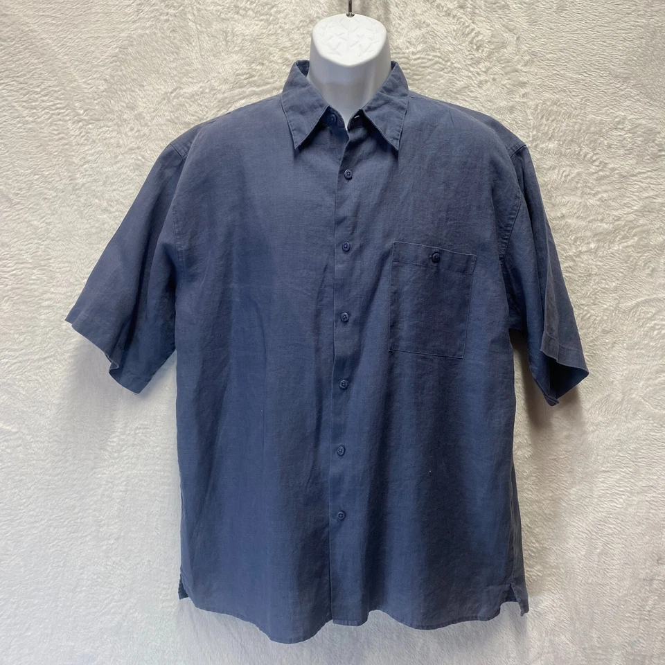 Prime Elements Washable Linen Button Up Shirt Mens XL Blue Pocket Short Sleeve - Image 1 of 4
